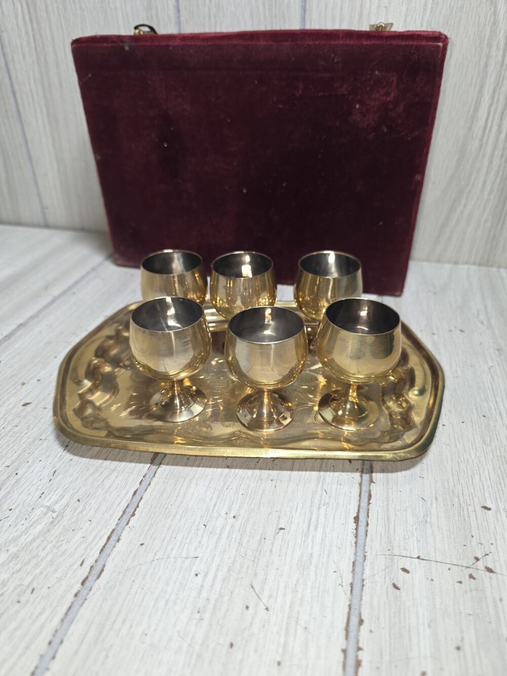 Vintage Solid Brass Etched Tray W/6 Mini Goblets Red Velvet Box New Regency